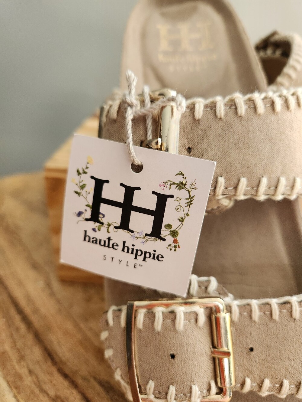 Haute Hippie Taupe Double-Buckle Embroidered Slide Sandals - Picture 2 of 16